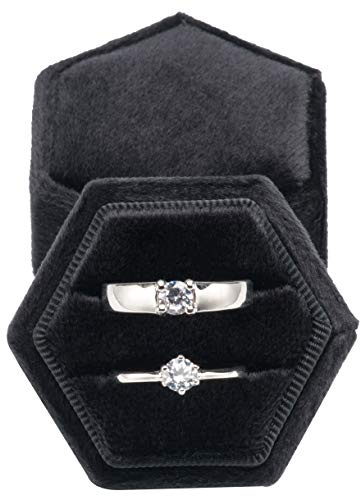 POKOFO Vintage Hexagon Velvet Bearer Box Double Ring with Detachable Lid (Black)