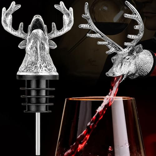 MINGZE Deer Head Wine Pourer, Zinc Alloy Bottle Stopper Deer Stags Shape with Leak-Proof Bung, Accessories for Wine Lover Christmas, Spout fit Most Red, White Wine and Spirits Bottles (Silver)