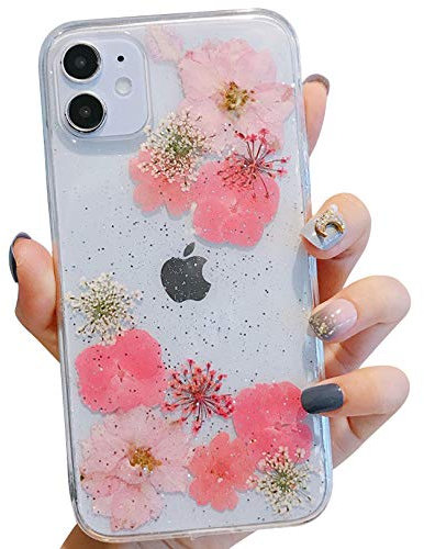 Tybiky iPhone 11 Pro Case, Real Flower Mobile Phone Case Clear TPU Protective Case Shock Absorbent Real Compressed Dried Flowers Mobile Phone Cases Cover for iPhone 11 Pro, Upper Lower Flowers Pink