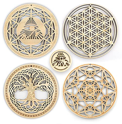 13.5 cm Heilige Geometrie Wandkunst, 4-teiliges Set, Meditationsdekoration (das Auge des Horuss, die Blume des Lebens, der Baum des Lebens, Metatron's Cube), Holzkunst-Set, spirituelle Geschenke