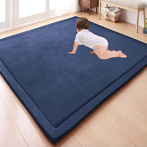 GGoty Großer Teppich, Korallen-Samt, Baby-Spielmatte, dick für Kinderzimmer, Arbeitszimmer, Küche, Kinderzimmer, Krabbelmatte für Babys, rutschfeste Yogamatte (120 x 120 x 2 cm, marineblau)