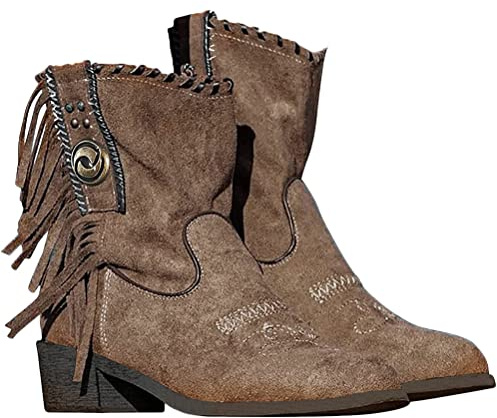 Minetom Stivali da Donna Frange Stivali Biker Tacco A Blocco Invernali con Cerniera retrò Pelle Scamosciata Motociclista Scarpe A Cachi 36 EU