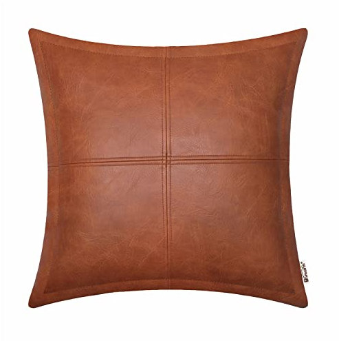 BRAWARM Cognac-Leder-Überwurfkissen, 40,6 x 40,6 cm, Kunstleder-Kissenbezug mit Paspelierung, handgenähtes Leder, dekorative Kissenbezüge für Couch, Sofa, Bett, Wohnzimmer, Garten