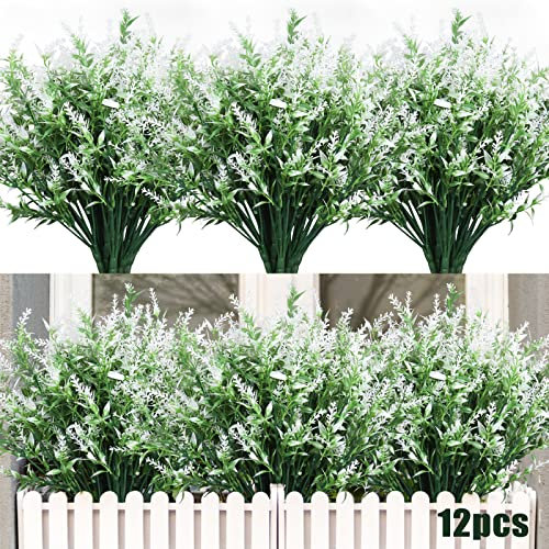 Artificial Flowers Outdoor UV Resistant Fake Flowers,Artificial Plants & Flowers Greenery Plants for Indoor Outside Hanging Planter Garden Window Box Porch Spring Decoration,Front Porch Decor (White)