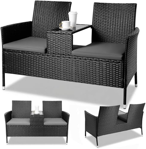 TLSUNNY Wetterfest Balkonmöbel Set mit Kissen, 2-Sitzer Gartenmöbel Set mit Tisch, 2PCS Sitzkissen, Rattan Balkonmöbel, Groß Polyrattan Gartenbank, Bequem und Atmungsaktiv, 120X54X83cm, Schwarz