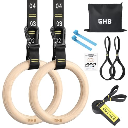 GHB Gymnastic Rings Wooden Gym Rings 1.25 Olympic Rings Adjustable Straps Pull Up Rings Sets for Workout Bodyweight Fitness Training