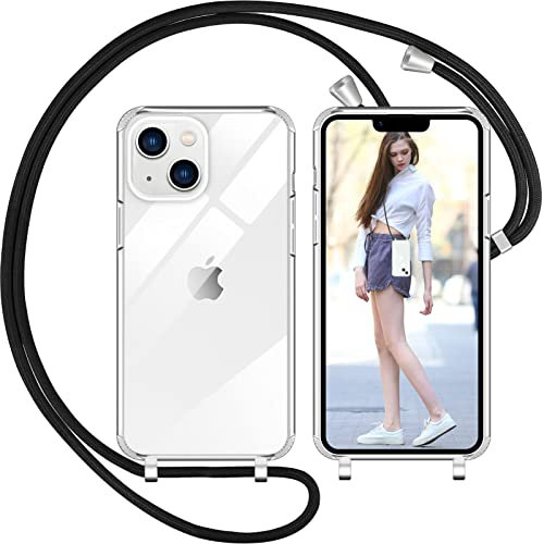 Nupcknn Coque avec Cordon pour iPhone 14 Plus, Transparent Coque Collier Réglable Téléphone Étui Portable Lanyard Case Protection Complète Cover de iPhone 14 Plus(6.7,Noir)