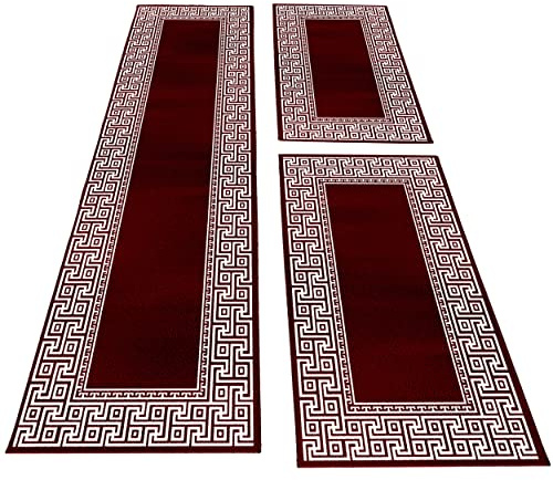Carpettex Bettumrandung Schlafzimmer 3teilig Kurzflor Teppich Mäander Optik Bordüre Muster Rot Bettset:2 mal 80x150 cm + 1 mal 80x300 cm - Bettvorleger Schlafzimmer Läufer Set Bettumrandung Teppich