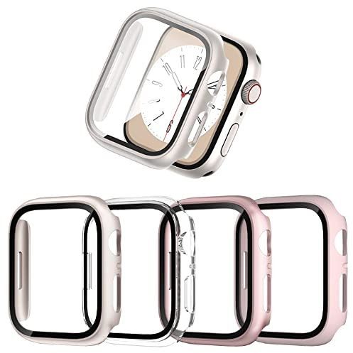 JZK 4-Stück Schutzhülle für Apple Watch SE 2/SE/6/5/4 44mm, Hart PC Rundum Ultradünne Gehäuse Hülle Eingebaut Kratzfest Gehärtetes Glas Schutzfolie für iWatch 44mm, Klar/Roségold/Rosa/Sternlicht