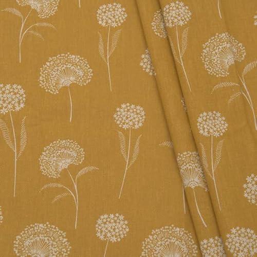 STOFFKONTOR Dekostoff bedruckt Halbpanama Leinen Optik Pusteblumen - Öko-Tex Standard 100 - Meterware, Farbe Curry-Gelb - zum Nähen von Tischwäsche, Kissen, Vorhängen, Dekoartikeln uvm.
