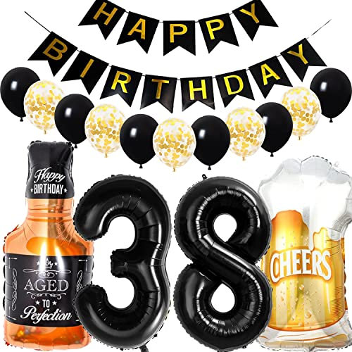 Conruich Decoración de Cumpleaños de 38 años Hombre Mujer, Globo de Foil Whisky Cerveza Vaso Globo de Vino Botella de Cerveza Deco, Gigante Número 38, Fiesta de Cumpleaños Kit para 38 años Mujer