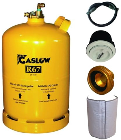 Gaslow - Pack de botella recargable de 11 kg + lira + caja de transferencia negra + adaptador de carga Europa + manta aislante