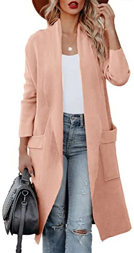 Maavoki Cardigan da Donna, a Maniche Lunghe, Aperto sul Davanti con Tasca, Casual, Lungo, Tinta Unita, Colore: Rosa., M