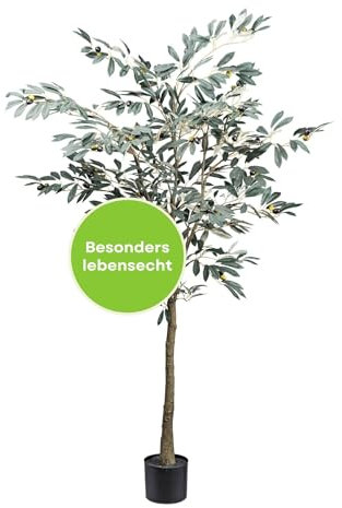 CREATIV green künstlicher Olivenbaum 150cm I Olivenbaum künstlich groß mit 495 naturgetreuen Blättern & Erde I Grünpflanzen künstlich mit Stamm & Topf in 14x12,5cm I Ideal als Indoor Deko
