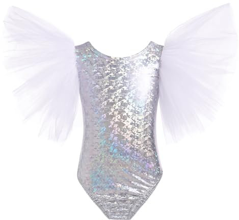 Mädchen Metallic Turnanzug Gymnastikanzug Ballettanzug Kinder Halloween Kostüm Tüll Ärmel Ballett Trikot Tanz Body Einteiler Leotard Sportbody Karneval Fasching Cosplay Tanzkostüm Silber 9-10 Jahre