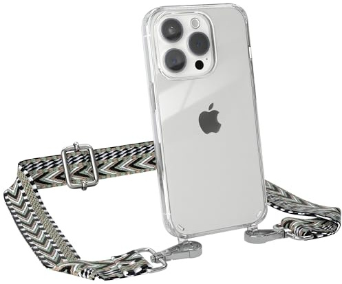 EAZY CASE Handykette - Verstellbares Taschenband kompatibel mit iPhone 15 Pro, Schulterriemen, Handykordel mit Silikon Hülle, Umhängetasche, Grün Schwarz Silber