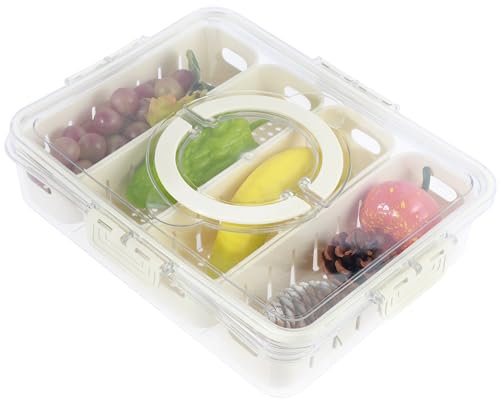 Divided Serving Tray with Sealing Lid, 4 Snack Serving Tray with Hidden Handle, Dishes Food Tray with 4 Draining Baskets,Plastic Hot Pot Serving Platter for Candy Fruits