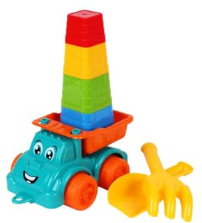FancyBaby Camion Bébé 1 2 3 Ans et Plus 22 cm avec 4 Seaux à Empiler, Pelle et Râteau Kit de Plage, Sable Magique et Bac à Sable pour Enfant, Jouet pour Jeux de Plage Extérieurs Camion Benne de Plage