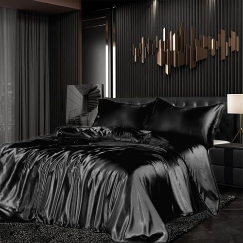 Bettwäsche Set Satin 135x200cm 4teilig Schwarz Silky Touch Glänzend Seide Einfarbig Bettbezug Set Glatt Luxus Schwarze Bettwäsche Set weicher Doppelbettmit Reissverschluss und Kissenbezüge 80x80cm