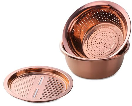 Buyer Star Passoire de cuisine 3 en 1 - Bol multifonction en acier inoxydable - Panier de vidange de cuisine - Bol mélangeur à salade pour légumes, fruits, fromage, empilable (or rose)