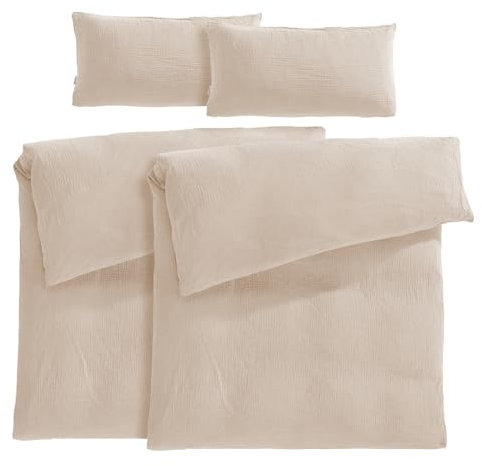 Pure Label Musselin Bettwäsche 155x220 4-teilig bestehend aus Bettbezug 155 x 220 cm 2er Set, Kissenbezug 40x80 cm 2er Set aus Baumwolle - Traumhaft kuschelige Bettwäsche-Sets in beige