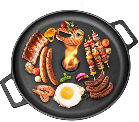 GFTIME Ø35cm Gusseisen Feuerplatt, Grillplatte Plancha mit Tragegriff und Tropfschutz für Raketenofen, Gasgrill, Kugelgrill, Grillplatte für Camping, Garten,Outdoor