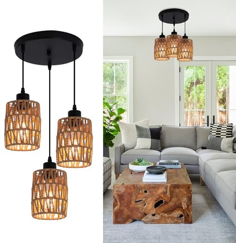 JIINOO Lampade A Sospensione In Rattan, illuminazione a sospensione bruno industriale, lampadario in vimini intrecciato regolabile, lampada da soffitto per sala da pranzo camera da letto, 3 luci