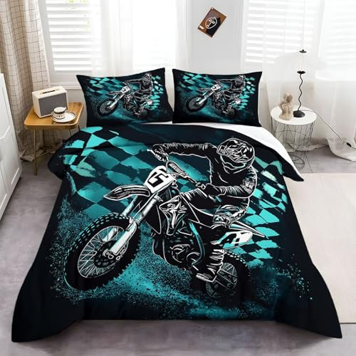 CozyRest Bettwäsche Sets 135x200 cm Extremer Motocross-Fahrer Kinderbettwäsche Set Motocross Druck Atmungsaktiv Bettbezug mit Reißverschluss und 2 Kissenbezug 80x80cm