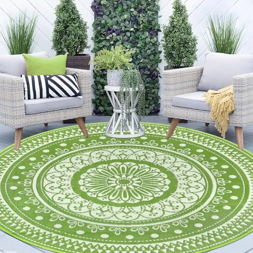 Cekene Grand tapis d'extérieur rond imperméable en plastique facile à nettoyer pour extérieur, terrasse, jardin, camping-car, remorque, terrasse, pique-nique - Vert gazon - 240 cm