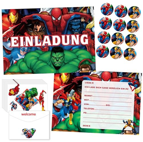 Dekewe 12 Stück Hero Einladungskarten Kindergeburtstag Mädchen Junge, Thematische Party Geburtstag Einladungskarten, Kindergeburtstag Einladungskarten für Feierlichkeiten oder Geburtstagsfeiern