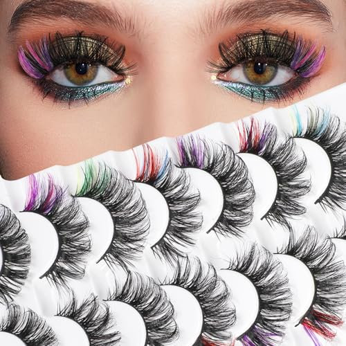 7 Paires Faux Cils Auto-Adhésifs Cils Artificiels Cils Moelleux avec Bandes de Cils en Forme de D Colorées Extensions de Cils Arc-en-Ciel 3D pour Cosplay Fête Halloween