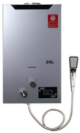 TABODD 40KW 20L Gas Durchlauferhitzer LPG Warmwasserbereiter, Temperatur kann 35-55 ℃ Outdoor Propan-Durchlauferhitzer mit Digitalanzeige und Duschset für Campingausflüge Bootshaus Wohnmobil, Silber