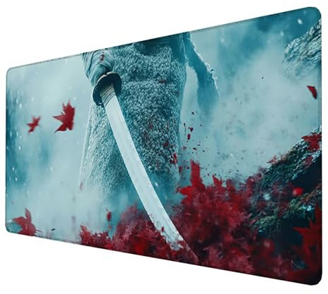 Tapis de Souris xxl 600x300x3mm de Jeu Etendu Large Durable, Grand Tapis Souris Gamer Imperméable (Katana) Grande Protection de Bureau étendue,pour la Maison, Le Bureau, la Salle de Jeux (Rouge) 2-J-O