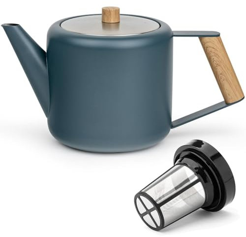 Bredemeijer blaue doppelwandige Teekanne 1.1 Liter aus Edelstahl - große isolierende Edelstahlkanne mit Teefilter-Sieb-Aufsatz