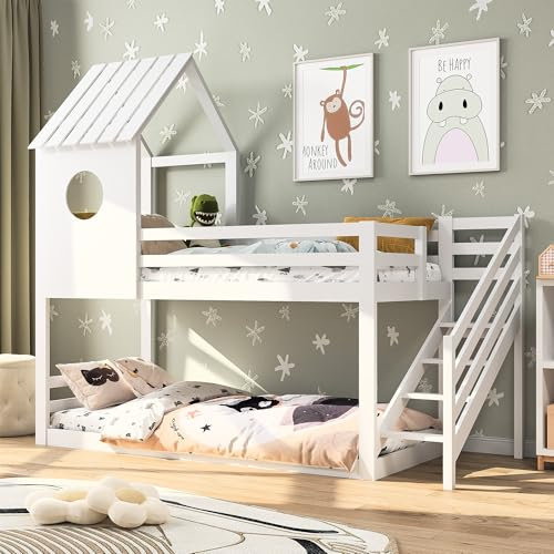 LIVLUX Lit superposé 90x200 cm, lit cabane pour Enfants avec Tableau à Dessin, Toboggan et échelle, pour 2 Enfants avec Protection Anti Chute et sommier à Lattes, Blanc (Typ E, 90 x 200 cm)