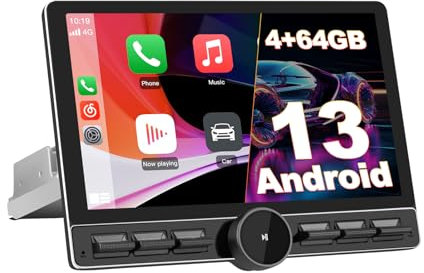 Hexinex Android 13.0 [4GB+64GB] Radio Coche 1 DIN Universal con Pantalla Táctil Inclinable y Giratoria de 10.6 Pulgadas, Autoradio Admite CarPlay/Android Auto Inalámbrico/MirrorLink/WiFi/4G/Bluetooth