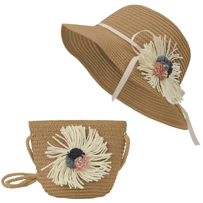 YJZQ Chapeau Fille Ensemble Chapeau Soleil et Sac en Paille Princesse Capeline de Plage Souple Style Fleur Provence Adorable 50-52cm Casquette Souple Grand Visière Respirant pour Voyage