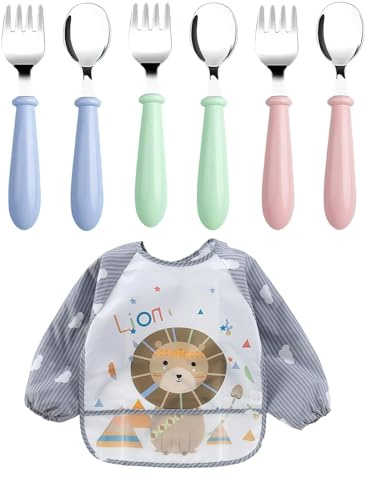 6 Stück Baby Besteck mit Wasserdicht Kinder Lätzchen,Kinderbesteck ab 1 Jahr Edelstahl Löffel Und Gabel für Kleinkind,Kinderbesteck Edelstahl mit Rundem Griff für Jungen Mädchen (Blau, Pink,Grün)