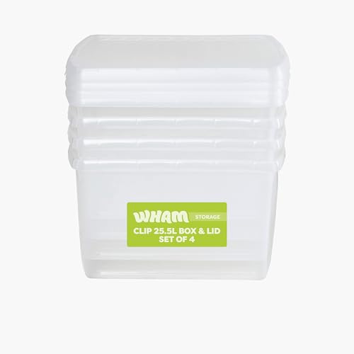 Wham Clip 4 x 25.5L Square Stackable Plastic Storage Boxes with Lids | Ideal for Home, Office, Toys & More | Storage Containers with Clip Locks | Made in UK - Clear/Clear