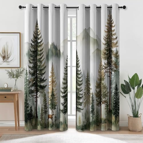 Generisch Gardinen Vorhänge 100% Blickdicht - Natur Wald Tannen Muster Weiß mit schwarzer Rückseite, H245 x B70 cm (2er Pack) Totaler Verdunkelungsvorhang, Thermo-Kälteschutz für Schlafzimmer