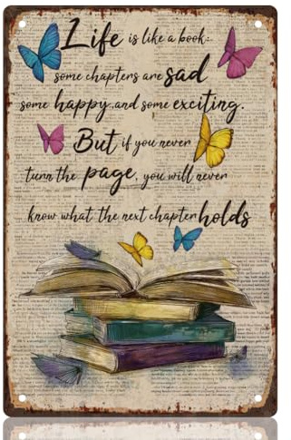 WEBEEDY Retro Metallschild Wanddekoration Life is Like A Book Posters Metallblechschild Bücher und Schmetterlinge Wandtafel für Zuhause Bibliothek Club Shop Hof,20x30cm