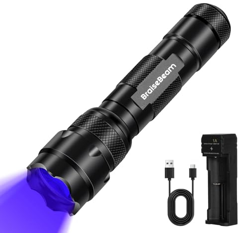 BraiseBeam UV Taschenlampe 365nm LED – Aufladbares Schwarzlicht Set inklusive USB Ladegerät – Zoombar & Leistungsstark – UV Licht Detektor für Bernsteinsuche, Haustierurin, Harz & Mineralien