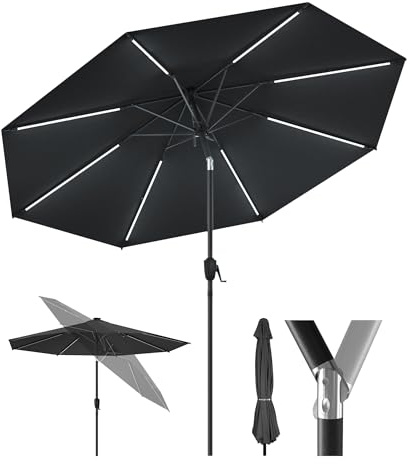 HOMEDEMO Aluminum Sonnenschirm Balkon 300cm Anthrazit mit LED Strip, Balkonschirm, Gartenschirm, Marktschirm, Terrassenschirm, Tischschirm für Pool, Schutz 50+ Neigbar, patio umbrella