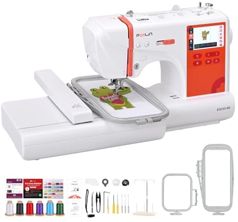 PooLin EOC03 Stickmaschine – Elektronisches Stickgerät – 4,3″ LCD-Touchscreen, Stickrahmen 10×10 cm und 10×23,5 cm, Musterimport per USB/WLAN, ideal für Anfänger und Fortgeschrittene.