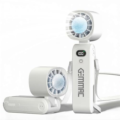 Gemmac Ventilatore Portatile, 5 in 1 Mini Ventilatore da Collo Ricaricabile 5000mAh 13000RPM 5Velocità Display a LED Ventolino Portatile con Raffreddamento a Ghiaccio Viaggi Ufficio All'aperto Estate