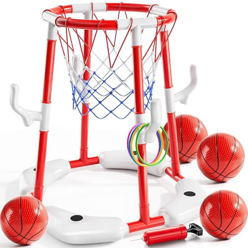 Yuragim Canasta de Baloncesto para Piscina, Juguete Inflable Flotante y Estacionario con 4 Pelotas, 12 Anillos de Lanzamiento, Red y Bomba, Ideal para Niños de 4 a 12 Años