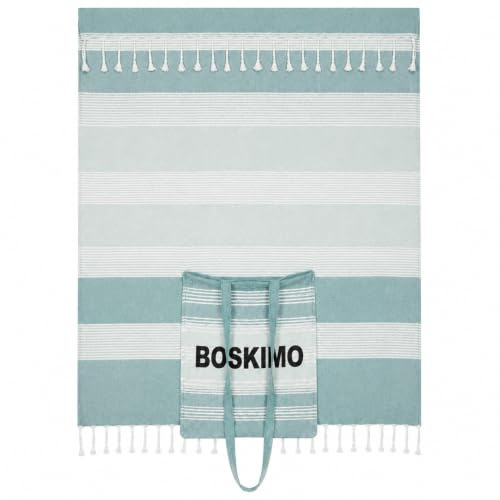BOSKIMO Strandtuch XXL Gigant mit eingenähter Tasche 2 in 1 - Familien Pareo Fouta mit Fransen, 180x200 cm - Handtuch und Tasche für 2-3 Personen - Ideal für Schwimmbad, Picknick, SPA, Reise - 5