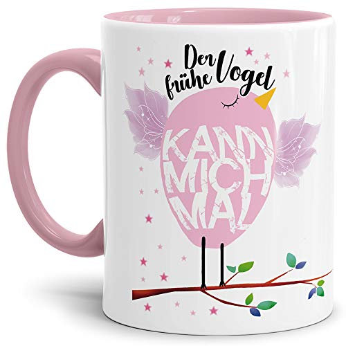 Tasse mit Spruch Der frühe Vogel kann Mich mal Lustig/Arbeit/Büro/Witzig/Geschenkidee für Kollegen/Innen & Henkel Rosa