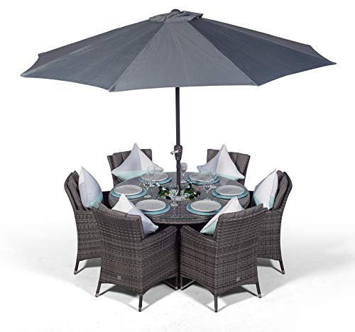 Savannah 6 Seater Grey Rattan Dining Table & Chairs with Ice Bucket Drinks Cooler | Outdoor Poly Rattan Garden Dining Set with Parasol & Cover
