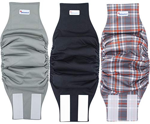 Petsweare Wasserdicht Saugfähigkeit Waschbare Robuste Wiederverwendbare Hundewindeln Inkontinenzunterlage für Männlichen Welpe und Hunde 3 Pack (Large, Grau)